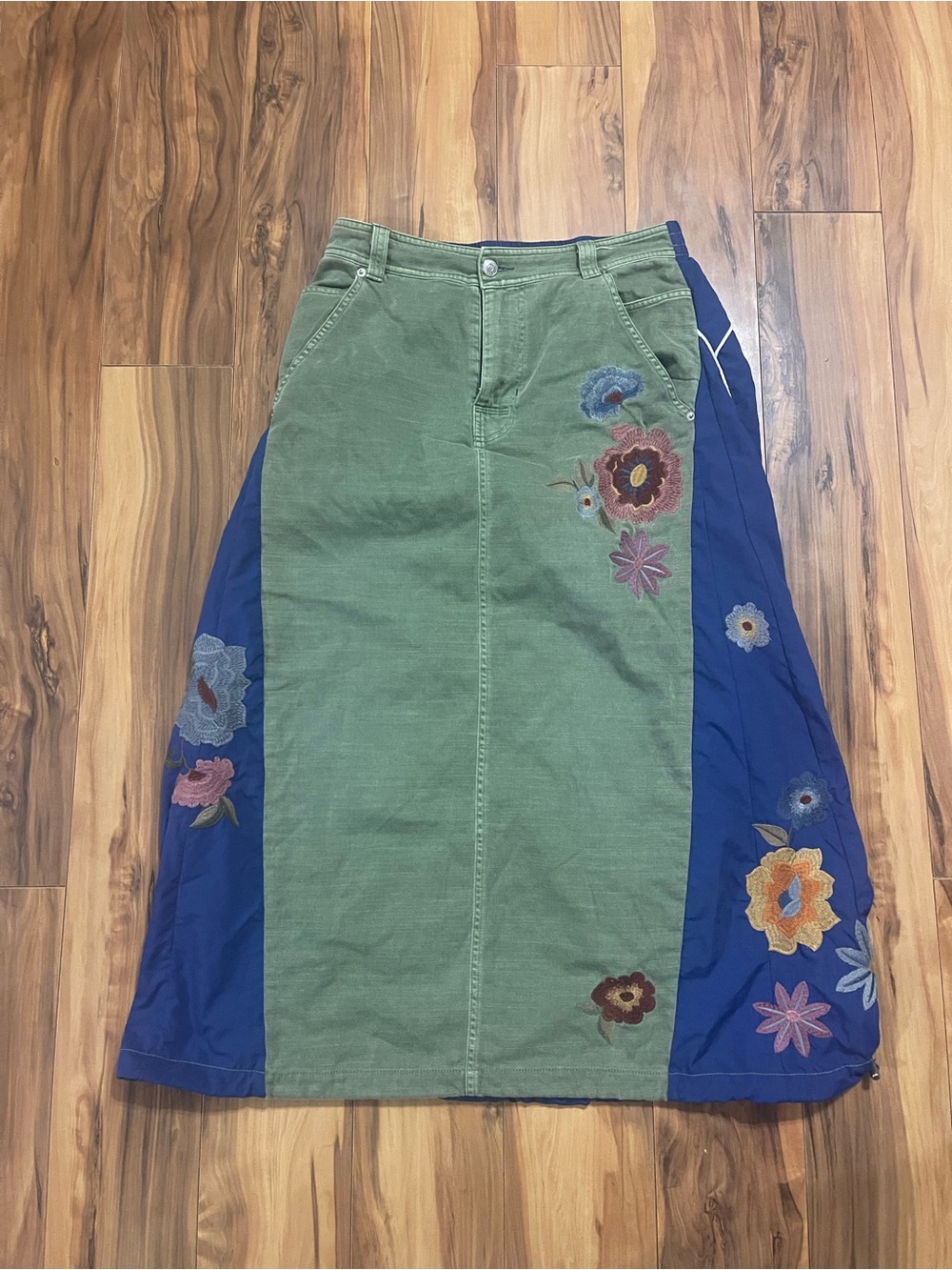 Free People Olive Green Skirt with Royal Blue Side Panel & Floral Embroidery